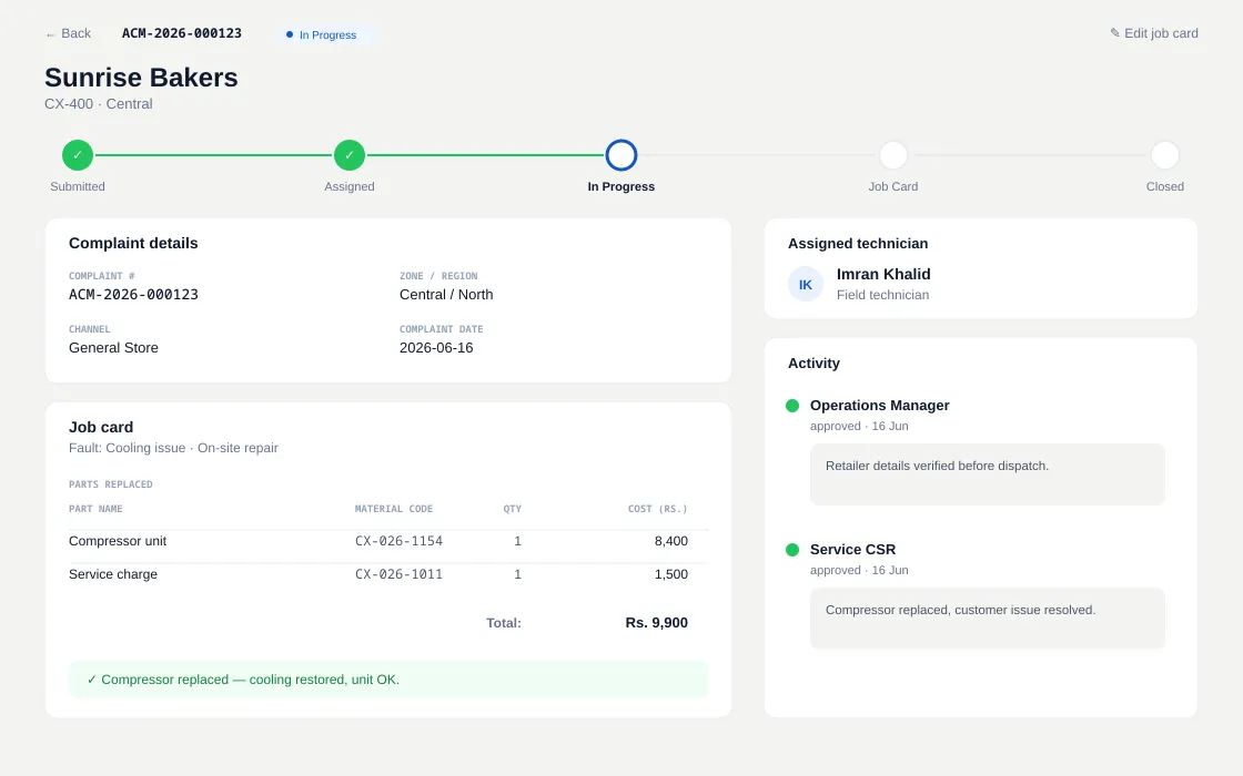 Job card showing parts, fault resolution and live status